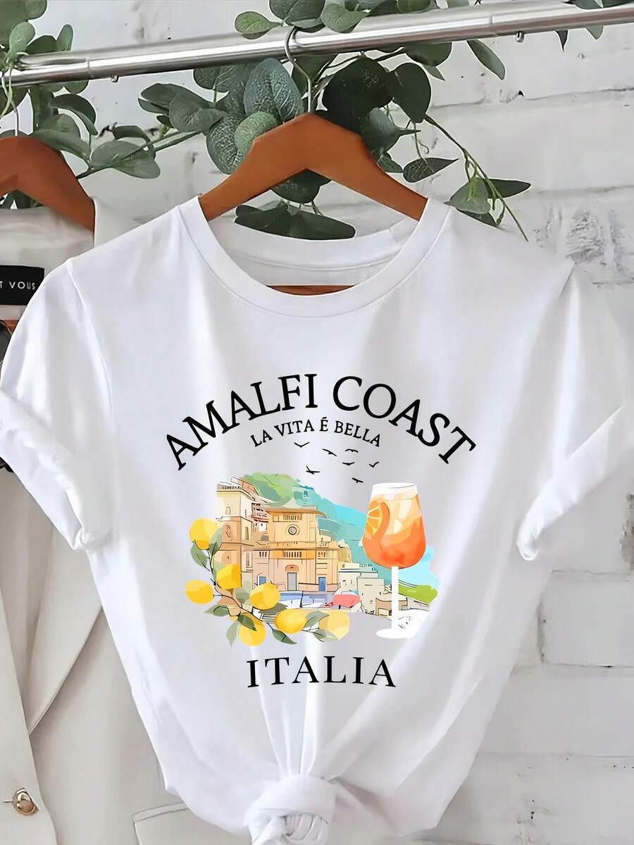 1 Women's T-Shirt With Italian Amalfi Coast Print - Casual Round Neck Top With Amalfi Coast Design, Lemons And Italian Text - Lightweight Top For Everyday Wear And Travel - Italian Holiday Clothing 180g 100% Cotton - 白色 - 查看 1