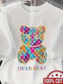 Women's 100% Oversized T-Shirt With Adorable Bear Print - Short Sleeve, Round Neck, Relaxed Fit, Breathable, Ideal As A Casual Garment For Lounging At Home Or As A Base Layer For Pajamas, Bear Face Design For All Seasons. - 白色 - 查看 8