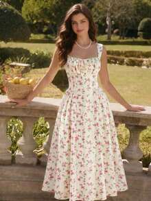 Women's Elegant Vintage Dress With Pockets, Featuring A Ruched Bodysuit With A Tiny Floral Print, Spaghetti Straps, And A Casual Design Suitable For Parties, Vacations, Summer Wear, Prom, Birthdays, Weddings, As A Wedding Guest Dress, Or A Spring Dress. - 紅色 - 查看 2