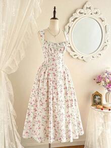Women's Elegant Vintage Dress With Pockets, Featuring A Ruched Bodysuit With A Tiny Floral Print, Spaghetti Straps, And A Casual Design Suitable For Parties, Vacations, Summer Wear, Prom, Birthdays, Weddings, As A Wedding Guest Dress, Or A Spring Dress. - 紅色 - 查看 5