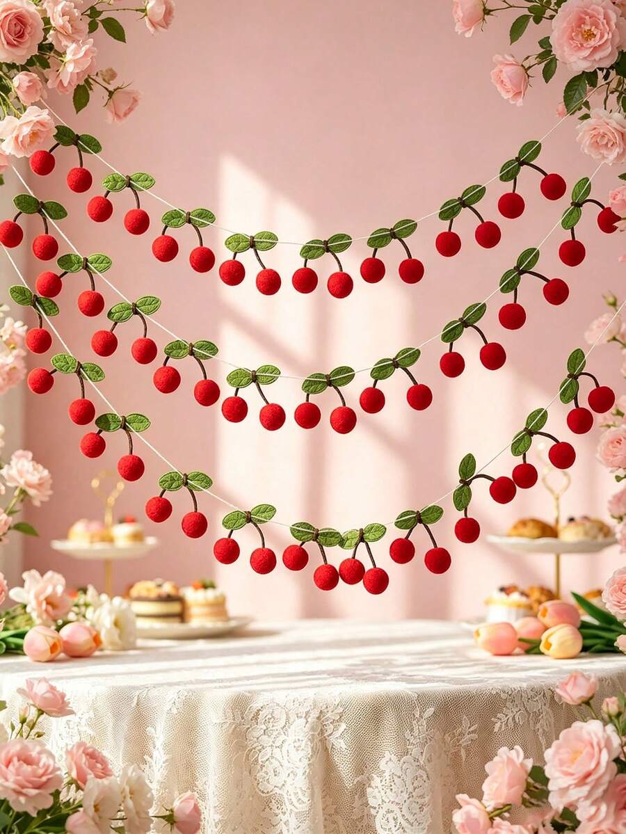 12件套樱花花环装饰,樱花生日装饰绒球,DIY绒球水果樱桃挂饰,樱桃绒球,DIY串珠花环,适用于卧室墙面装饰、节日派对房间及墙面装饰、生日/婴儿派对、教室/厨房墙面装饰,春夏家居装饰 - A - 查看 1