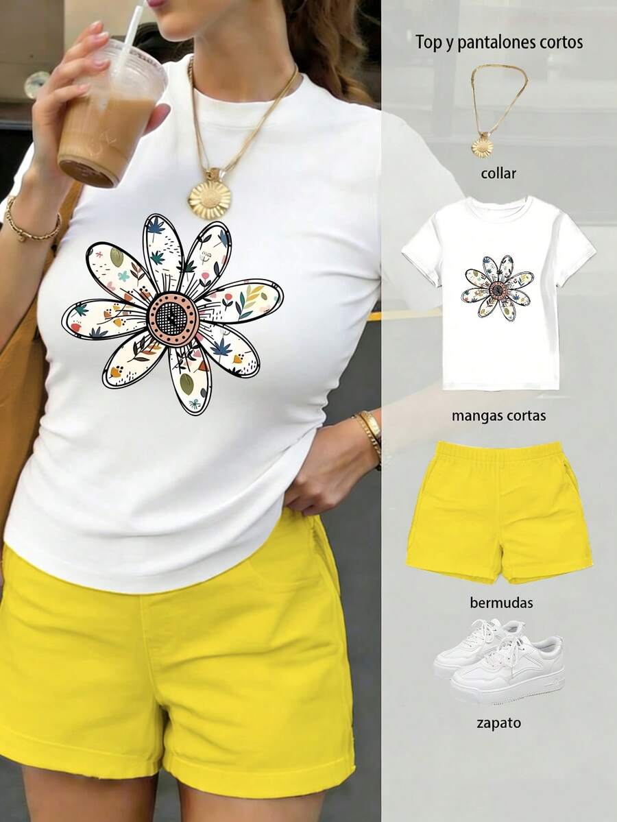 Conjunto de blusa y pantalones cortos para mujer, patrón de margarita con hojas y flores coloridas estilo dibujado a mano, diseño fresco y colorido - Camiseta blanca + pantalón corto amarillo - Ver 1