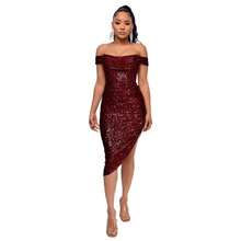 Women's Champagne-Colored Sequined Dress, Off-Shoulder Draped Design, Asymmetrical Side Slit, Stretchy Shiny Fabric Ideal For Summer Parties, Weddings As A Guest And Elegant Outdoor Dinners, Sexy Glamorous Style Perfect For Celebrations And Formal Events - 酒紅色 - 查看 5