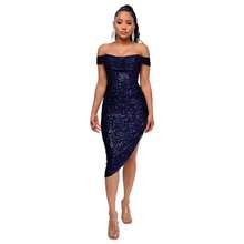 Vestido de mujer color champán con lentejuelas, diseño off-shoulder con drapeado, abertura lateral asimétrica, tejido brillante elástico ideal para fiestas de verano, bodas como invitada y cenas elegantes al aire libre, estilo sexy glamoroso perfecto para celebraciones y eventos formales - Azul lavado oscuro - Ver 5