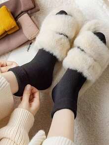 3 Pairs Women's Thick Vertical Striped Snow Socks, Warm Thermal Lined, Mid-Calf Length, Solid Color, Polyester Knit, Hand Wash Only, Suitable For Outdoor And Daily Wear, Winter Sports Skiing Socks - Multicolor - View 5