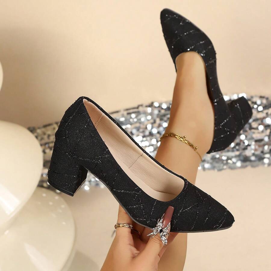 Elegant Shiny Jacquard Thick Heel Pointed Toe Pumps, Versatile Mid-Heel Low Vamp High Heels For Daily, Work, Party, Bridesmaid - Black - View 1