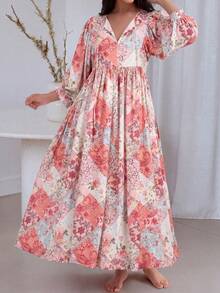 Đầm nữ phong cách Bohemian tay phồng, đầm thanh lịch cổ chữ V thắt eo có túi in họa tiết ngẫu nhiên, đầm mặc ngoài mùa hè cho nữ, trang phục đi biển cho nữ, thích hợp cho Ngày của Mẹ, đầm dự tiệc cưới màu hồng cho nữ - Hồng - Xem 3