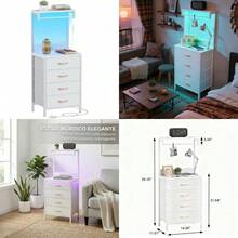 Mesita de Noche con Tira de Luz LED y Enchufe Buros para Recámara con 4 Cajones de Tela Mesa Auxiliar con Estante de 2 Niveles para Dormitorio y Sala Blanco - Blanco - Ver 1