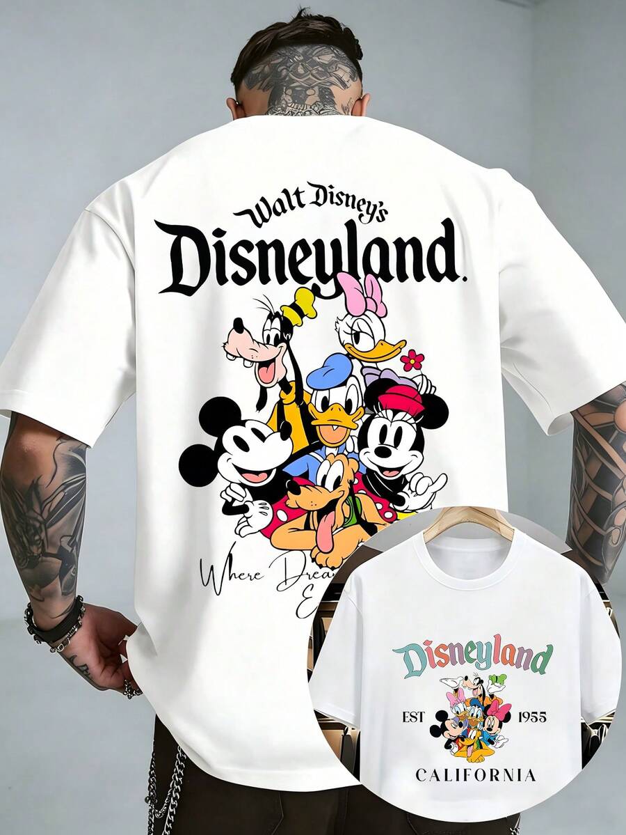 Officially Licensed Walt Disney Disneyland California EST 1955 Mickey Minnie Goofy Donald Daisy Pluto Graphic T‑Shirts For Men 100% Cotton Short Sleeve Crew Neck Vintage Retro Cartoon Oversized Streetwear Tee Summer Casual Daily Vacation Theme Park Outfit - trắng - Xem 1