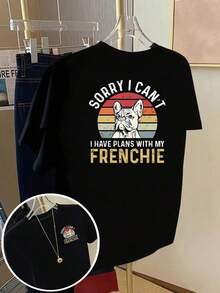 Women's T-Shirt With A French Bulldog Print On The Front And Back, Round Neck, Casual And Modern Style, Short Sleeves, Suitable For Fitness In All Seasons And Everyday Wear. This Fun Printed Top Is Perfect For Elegant Parties, Stylish Ladies, And Flattering Blouses For Curvy Women. It Can Also Be Paired With Prom Skirts Or Worn Casually. - 黑色 - 查看 1