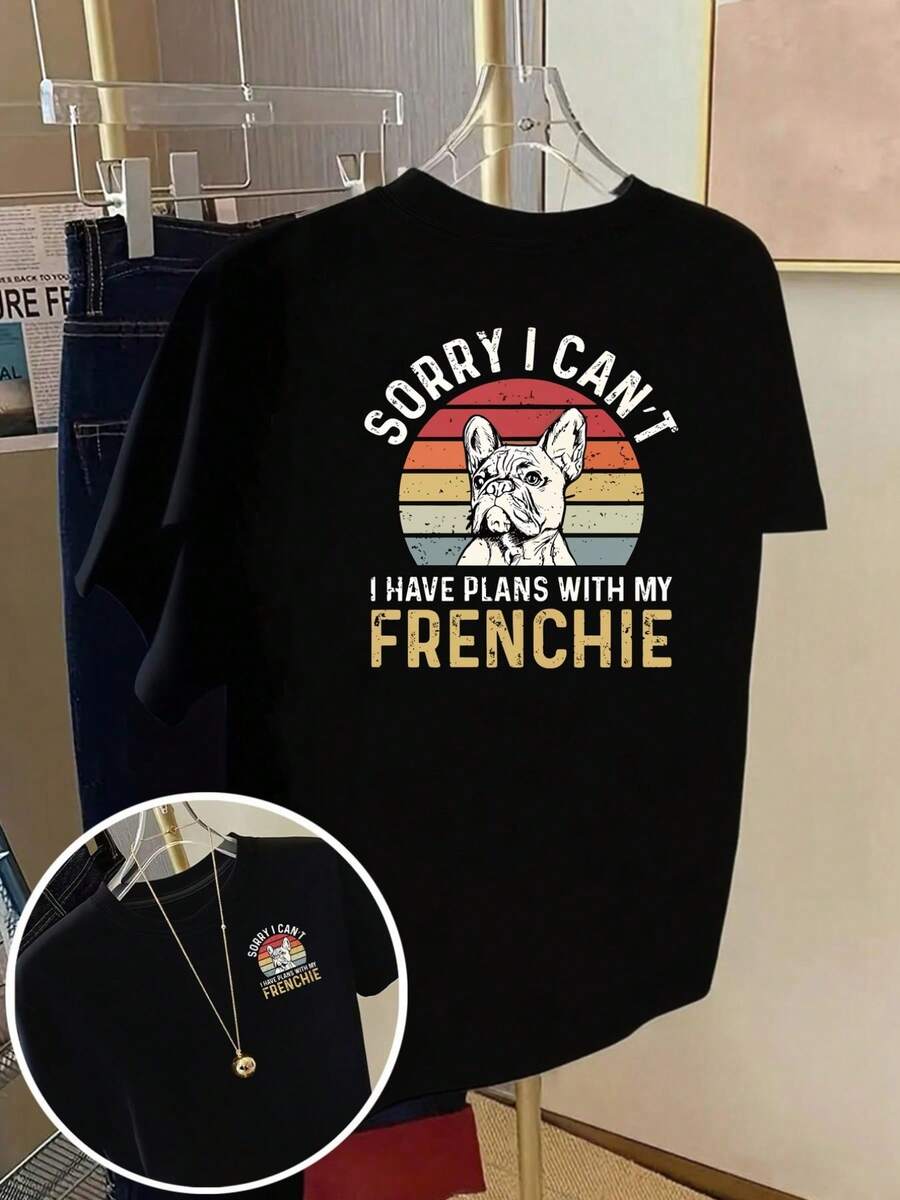 Women's T-Shirt With A French Bulldog Print On The Front And Back, Round Neck, Casual And Modern Style, Short Sleeves, Suitable For Fitness In All Seasons And Everyday Wear. This Fun Printed Top Is Perfect For Elegant Parties, Stylish Ladies, And Flattering Blouses For Curvy Women. It Can Also Be Paired With Prom Skirts Or Worn Casually. - 黑色 - 查看 1