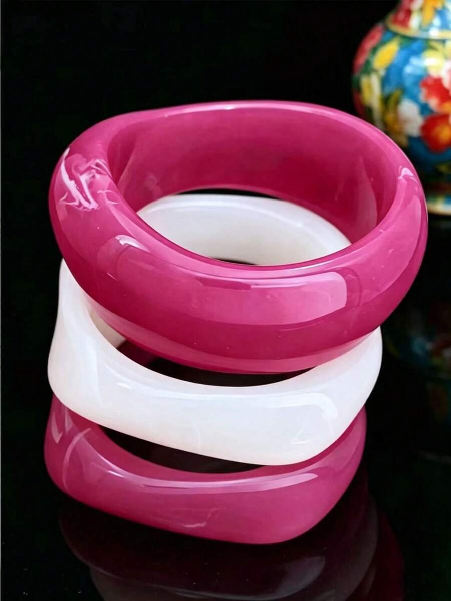 Set de 3 piezas de pulseras de estilo de playa de acrílico color rosa rojo, combinación de pulseras minimalistas elegantes, se pueden usar por separado o apiladas, adecuadas para uso diario y vacaciones - Rosa Fucsia - Ver 1