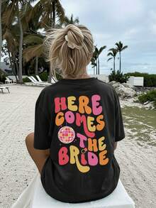 [Double-Sided Print] Women's Casual Summer Loose Fit T-Shirt, Vintage Disco Ball Ring Print "HERE COMES THE BRIDE", Round Neck, Short Length, Drop Shoulder, Pure Cotton Oversized T-Shirt, Elegant Party Outfit, T-Shirt For Elegant Ladies, Blouses Suitable For Curvy Women, Prom Skirts, Casual Wear - 黑色 - 查看 4