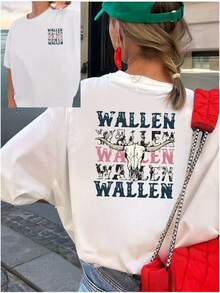 Printed T-Shirt With Front And Back Designs, WAEN, Skull Print, Round Neck, Short Sleeves, Comfortable Fit, Classic Design, Fashionable Item, Double-Sided Printed Top For Women. Elegant Party Outfit, T-Shirt For Elegant Ladies, Blouses Suitable For Curvy Women, Prom Skirts, Casual Wear - 白色 - 查看 7