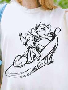 Women's Cotton T-Shirts Princess Shirt, Cute Jaq And Gus Sketch Portrait T-Shirt, Tee, Funny Magic Kingdom, Family Trip Basic Blouses For Women - 白色 - 查看 1