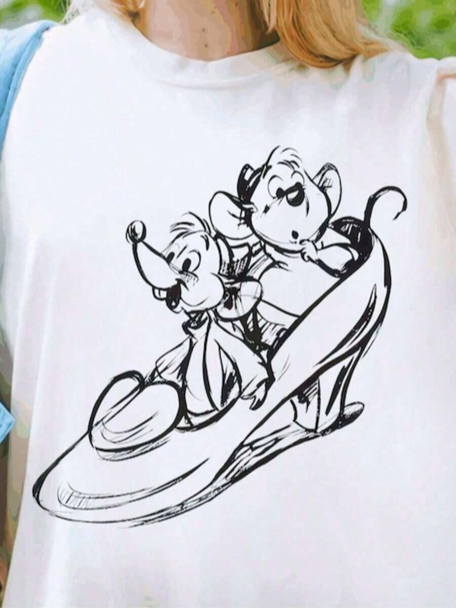 Women's Cotton T-Shirts Princess Shirt, Cute Jaq And Gus Sketch Portrait T-Shirt, Tee, Funny Magic Kingdom, Family Trip Basic Blouses For Women - 白色 - 查看 1