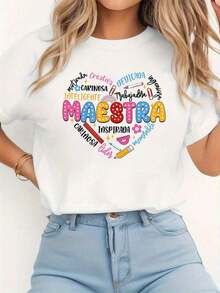 Women's T-Shirt With Graphic Print For Teachers - Colorful And Inspiring Design, Breathable, Short Sleeves And Round Neck, Ideal For Spring And Summer, Machine Washable, Perfect For Teacher's Day, Fun Design, Medium Elasticity, Comfortable Fit, Casual Daily Wear. - 白色 - 查看 7