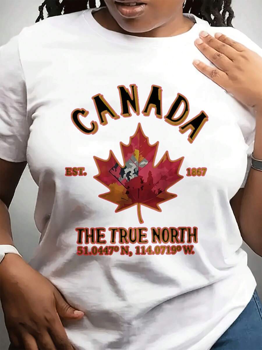 Comfortable Print. Women's Casual T-Shirt With A Canadian Maple Leaf Print, "CANADA THE TRUE NORTH". Suitable For Travel And Casual Wear. Simple And Casual Summer T-Shirt. - 白色 - 查看 1