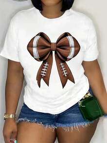 Women's Casual T-Shirt With Football Bow Illustration - Short Sleeve, Round Neck, 100% Polyester, Machine Washable, Perfect For Sports And Casual Wear. - 白色 - 查看 1