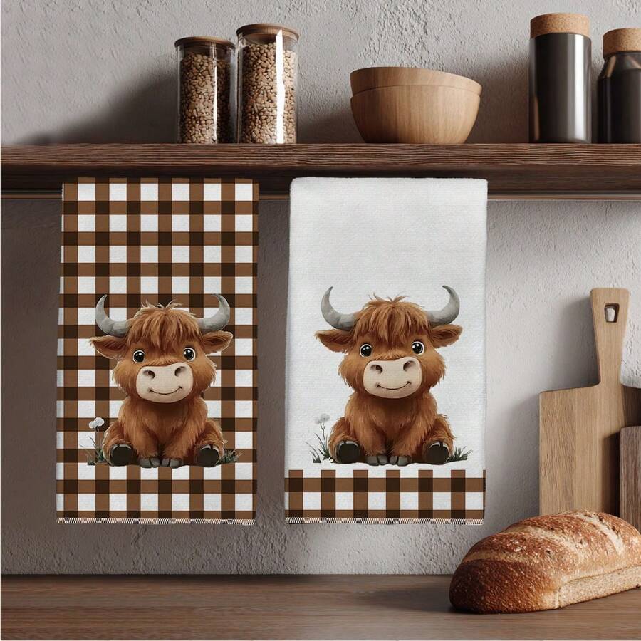 2 pezzi Asciugamani da cucina in stile fattoria vintage con motivo a quadri e mucca delle Highland, rettangolari, in morbido microfibra, panni da cucina, stracci per la pulizia, asciugamani da bagno, asciugamani da tè e cottura, decorazione per la cucina, regalo per il riscaldamento della casa, regalo di compleanno, salviette per la pulizia del bagno, asciugamani decorativi - Multicolore - Visualizzare 1