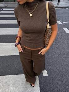 Women's Short Sleeve High Neck Sweater Autumn Regular Fit High Elasticity Top - Khaki - View 7