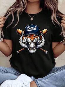 Detroit Tigers Women's Cotton T-Shirts, With Baseball Tiger Head And Crossed Bats, Men's And Women's T-Shirt, Sports Fan Clothing, Gift For Baseball Lovers, Summer Casual Wear, Women's Basic Blouses. - 黑色 - 查看 1