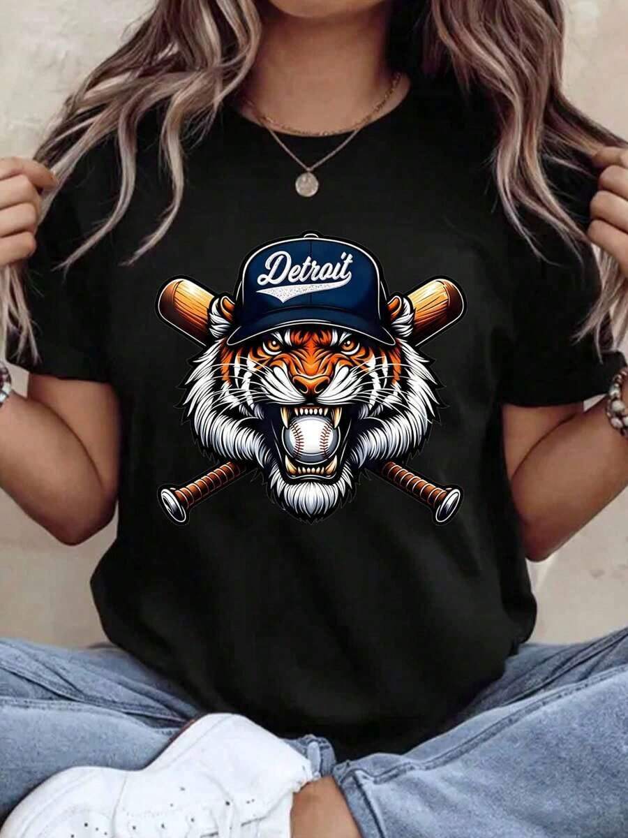 Detroit Tigers Women's Cotton T-Shirts, With Baseball Tiger Head And Crossed Bats, Men's And Women's T-Shirt, Sports Fan Clothing, Gift For Baseball Lovers, Summer Casual Wear, Women's Basic Blouses. - 黑色 - 查看 1