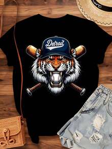 Detroit Tigers Women's Cotton T-Shirts, With Baseball Tiger Head And Crossed Bats, Men's And Women's T-Shirt, Sports Fan Clothing, Gift For Baseball Lovers, Summer Casual Wear, Women's Basic Blouses. - 黑色 - 查看 3
