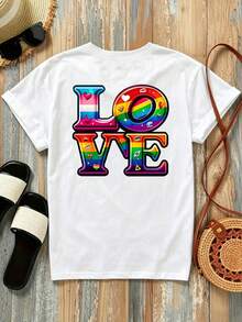 New 180g Short-Sleeved T-Shirt, 1% Cotton, With Front And Back Prints - LOVE, Deíris Elements - Fashionable Printed T-Shirt For Women, Short-Sleeved, Suitable For All Seasons, Modern Clothing - Can Be Worn As A Base Layer In Spring And Autumn Or Alone In Summer, Unisex. - 白色 - 查看 2
