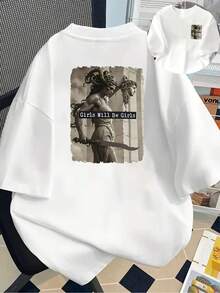 New 180g Short-Sleeved T-Shirt, 1% Cotton, With Front And Back Print - Feminism, Girls Are Girls - Fashionable Printed T-Shirt For Women, For Spring And Summer, Versatile And Casual - Suitable For Layering In Spring And Autumn, And For Wearing Alone In Summer, Unisex. - White - View 1