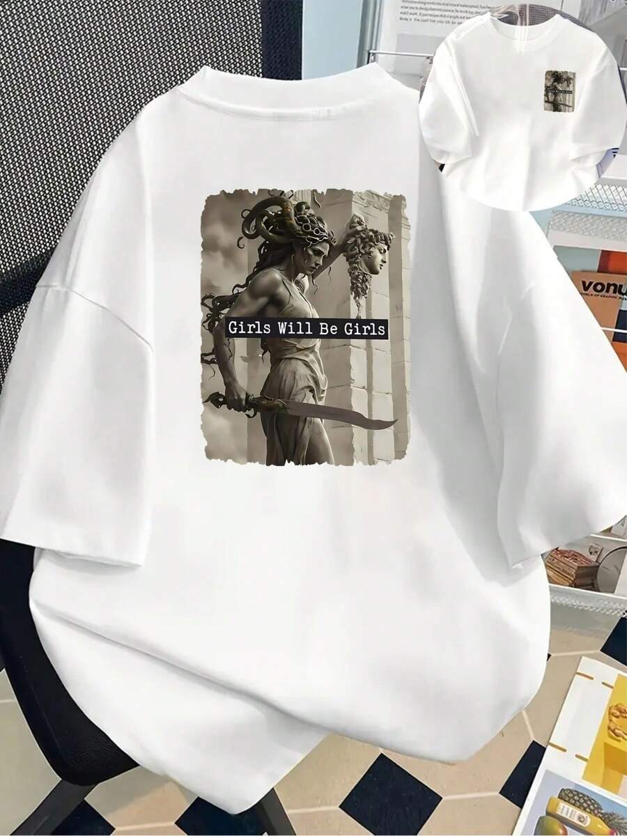 New 180g Short-Sleeved T-Shirt, 1% Cotton, With Front And Back Print - Feminism, Girls Are Girls - Fashionable Printed T-Shirt For Women, For Spring And Summer, Versatile And Casual - Suitable For Layering In Spring And Autumn, And For Wearing Alone In Summer, Unisex. - White - View 1