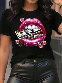Mexican Women's T-Shirt With Pink Lips, Money And Diamond Teeth Print, Round Neck, Casual Daily Wear, Soft And Comfortable, Fashionable Summer Cotton T-Shirt - 黑色 - 查看 7