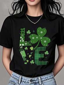 Mexican Women's Crew Neck T-Shirt With Shamrock Print And Text, Short Sleeve, For St. Patrick's Day Celebration, Party Wear, Summer Fashion Cotton T-Shirt - 黑色 - 查看 1