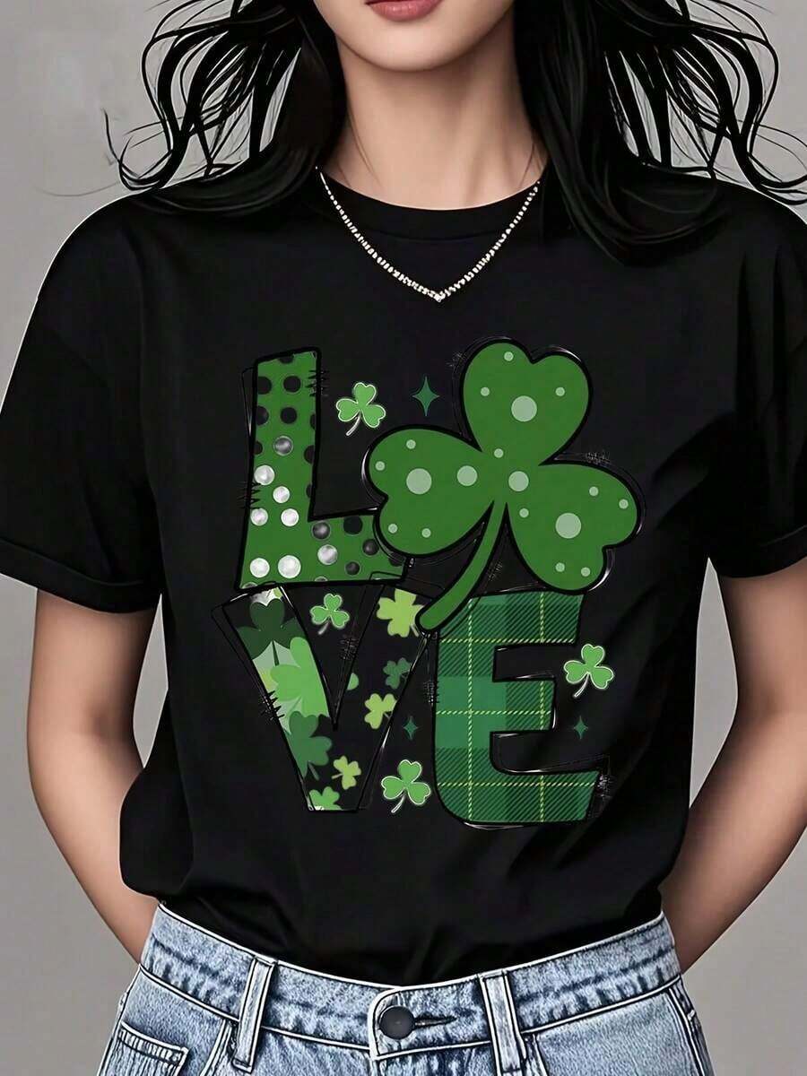 Mexican Women's Crew Neck T-Shirt With Shamrock Print And Text, Short Sleeve, For St. Patrick's Day Celebration, Party Wear, Summer Fashion Cotton T-Shirt - 黑色 - 查看 1