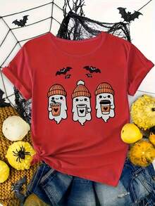 Women's Cotton Crew Neck Casual T-Shirt Is A Plus-Size Casual T-Shirt With A Halloween Ghost Print And Crew Neck - 100% Polyester, Medium-Stretch Knit Fabric, Regular Fit Short-Sleeve T-Shirt For Women - Seasonal Top, Regular Length, No Detailed Design. Simple T-Shirt For Everyday Wear. - 紅色 - 查看 1