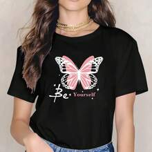 Camiseta de manga corta con cuello redondo y estampado de mariposas 2026, estilo casual para primavera y verano, de corte holgado para mujer. - Negro - Ver 1