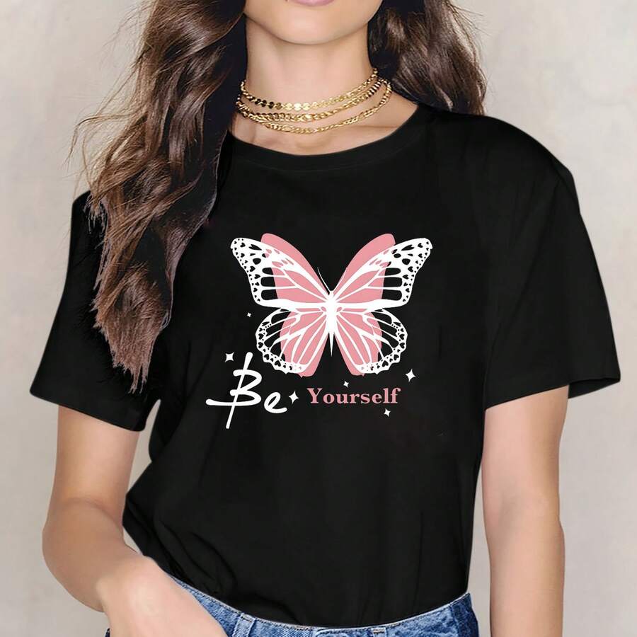 Camiseta de manga corta con cuello redondo y estampado de mariposas 2026, estilo casual para primavera y verano, de corte holgado para mujer. - Negro - Ver 1