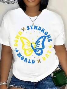Butterfly Awareness T-Shirt For World Down Day For Women And Men, Unisex Casual Wear, Gift For Special Needs Advocacy Events, 220g - Vintage Urban Style, Unisex Loose Fit Pure Cotton Short Sleeve Crew Neck T-Shirt, 100% Pure Cotton. - 白色 - 查看 3