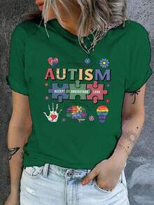 Women's T-Shirt With Autism Awareness Design - Colorful Diamond And Symbol Design, Soft And Stretchy Crew Neck Casual Top, Machine Washable For Year-Round Comfort, Inclusive Informative Clothing, Medium Stretch Fabric Blouses For Women. - 綠色 - 查看 1