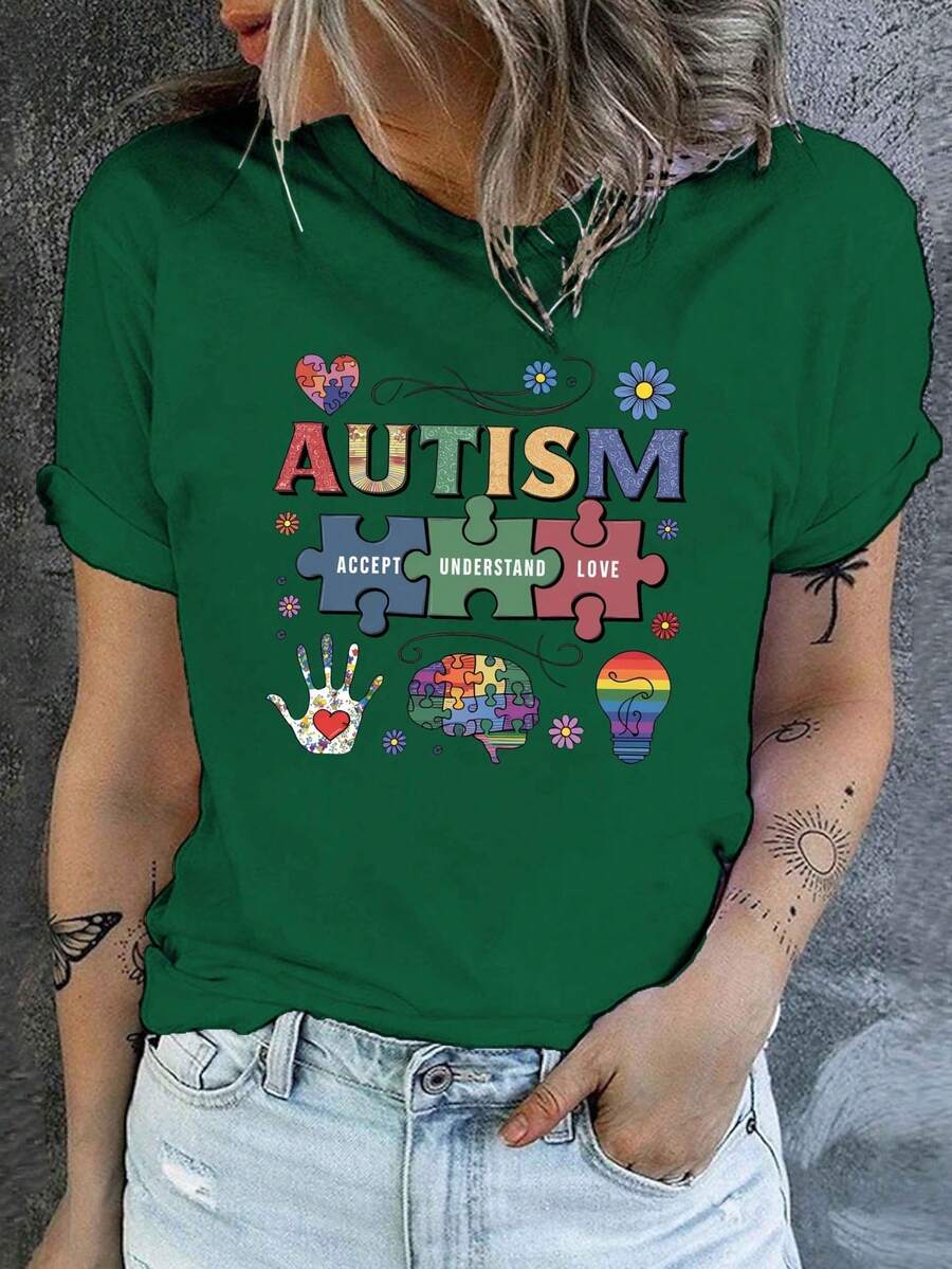 Women's T-Shirt With Autism Awareness Design - Colorful Diamond And Symbol Design, Soft And Stretchy Crew Neck Casual Top, Machine Washable For Year-Round Comfort, Inclusive Informative Clothing, Medium Stretch Fabric Blouses For Women. - 綠色 - 查看 1