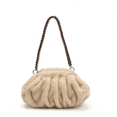 Pleated Design Faux Fur Shoulder Bags For Women 2024 Luxury Designer Purses And Handbags Winter Warm Soft Plush Hobo Bags
