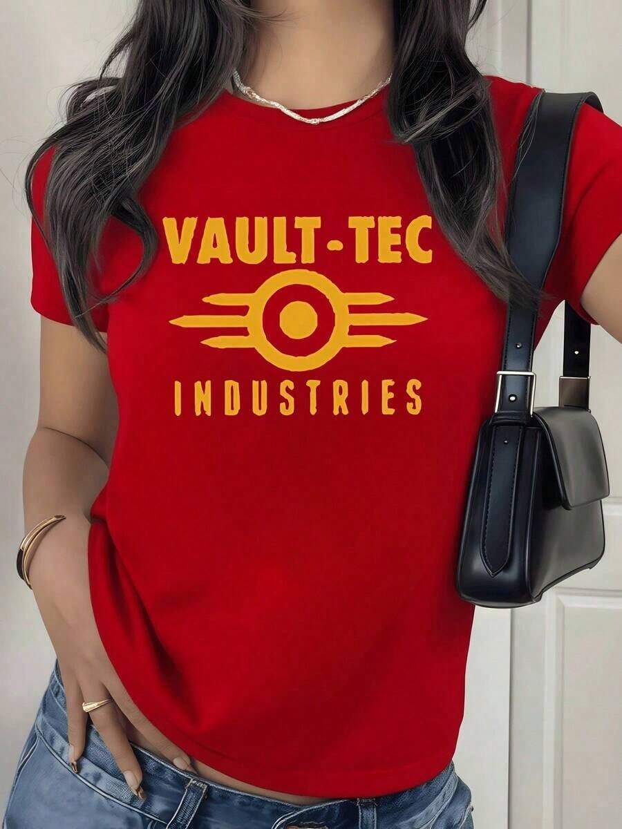 100% Cotton. Golden Circular Symbol With Wings Representing Technology And Futuristic Progress, Inspiring Strength And Optimism. Women's T-Shirt, 100% Soft And Durable Cotton. Women's Simple Solid Color T-Shirt, Loose And Slim Fit Casual Short Sleeve - 紅色的 - 查看 1