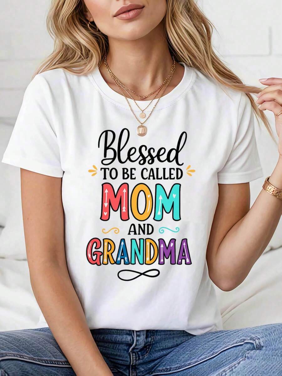 Women's T-Shirt With A "Blessed To Be Called Mom And Grandma" Theme, Decorated With A Colorful Slogan, Casual Short Sleeves, Warm, Suitable For Seniors, Everyday Wear For Family Gatherings - 白色 - 查看 1