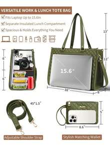 Lunch Tote Bag For Women, 15.6 Inch Laptop Work Bag With Insulated Lunch Box Compartment & Purse Large Capacity Quilted Computer Handbag For Office Business Work Nurse Teacher Moms Travel Casual - màu xanh lá - Xem 2