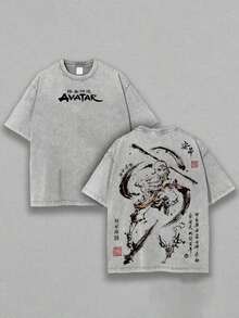 Aang Shirt, Last Airbender Shirt,Animated Shirt, Vintage-Shirt MenswearTop Underwear Tshirt Last Nomad -Anime Double Printed WashedTee Unisex Oversize Anime Manga - Black - View 1
