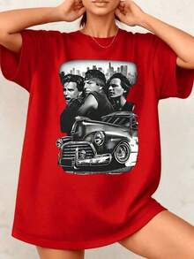 GiftT-Shirt Casual Loose Fit, Women's Tank Top With Classic Car Graphic Print, Retro Style, 100% Cotton, Crew Neck, Comfortable, 1 Piece. Excellent Gifts For Friends And Family, Urban Fashion, Suitable For Daily Wear, Urban Style, Women's Tank Top. Soft - 紅色的 - 查看 6