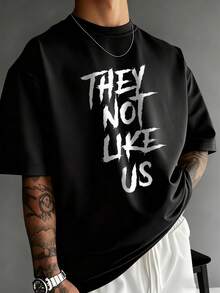 Men's Fashionable Versatile Casual Letter Print Round Neck T-Shirt, Summer - Black - View 1