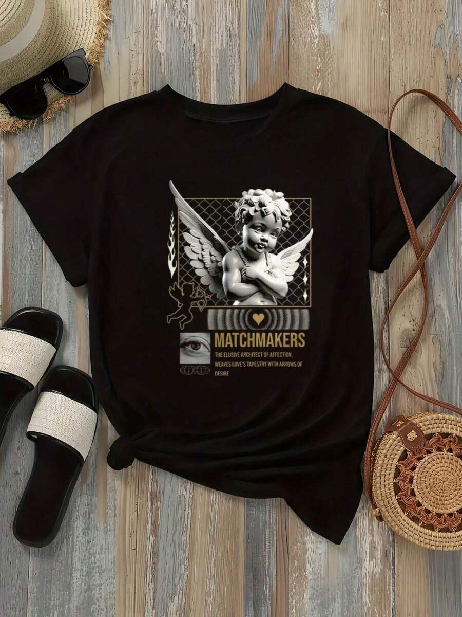 Women's Shirts With Wing, Heart, Matchmakers And Eye Design, Breathable - 黑色 - 查看 1
