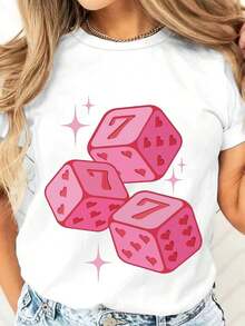 Women's T-Shirt With Pink Dice And Hearts Print For Casual Use 220g - 白色 - 查看 7
