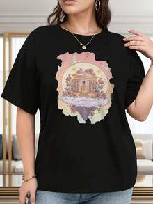 1 Women's Plus Size T-Shirt - Soft Pink And Yellow Print Top - Lightweight And Breathable For Everyday Casual Wear - Suitable For All Seasons - 180g 100% Cotton - 黑色 - 查看 11